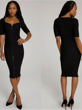Good American Black Zip-Front Ribbed Midi Dress